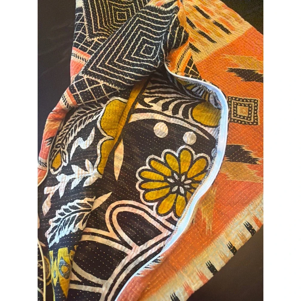 Pillow Cover Orange Black Kantha Stitch Geometric Tribal Boho Sham 23 x‎ 23 in